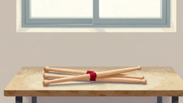 Gouache painting: on a felt-lined bench in a rehearsal room, four drumsticks lie jumbled