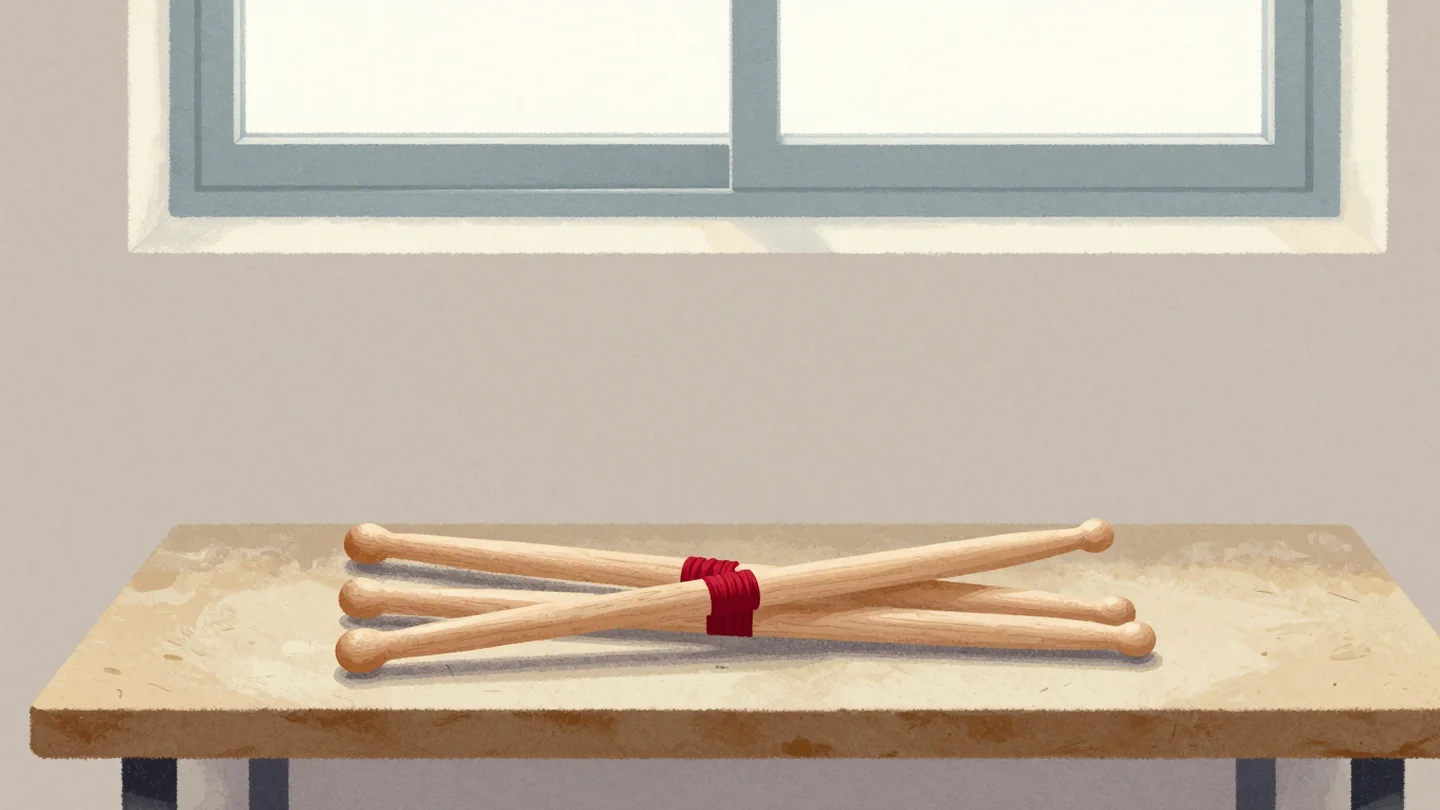 Gouache painting: on a felt-lined bench in a rehearsal room, four drumsticks lie jumbled