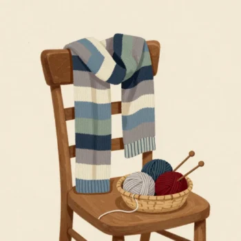 A striped hand-knitted scarf on a chair, no color repeated, with two unused balls of yarn in a basket on the seat.