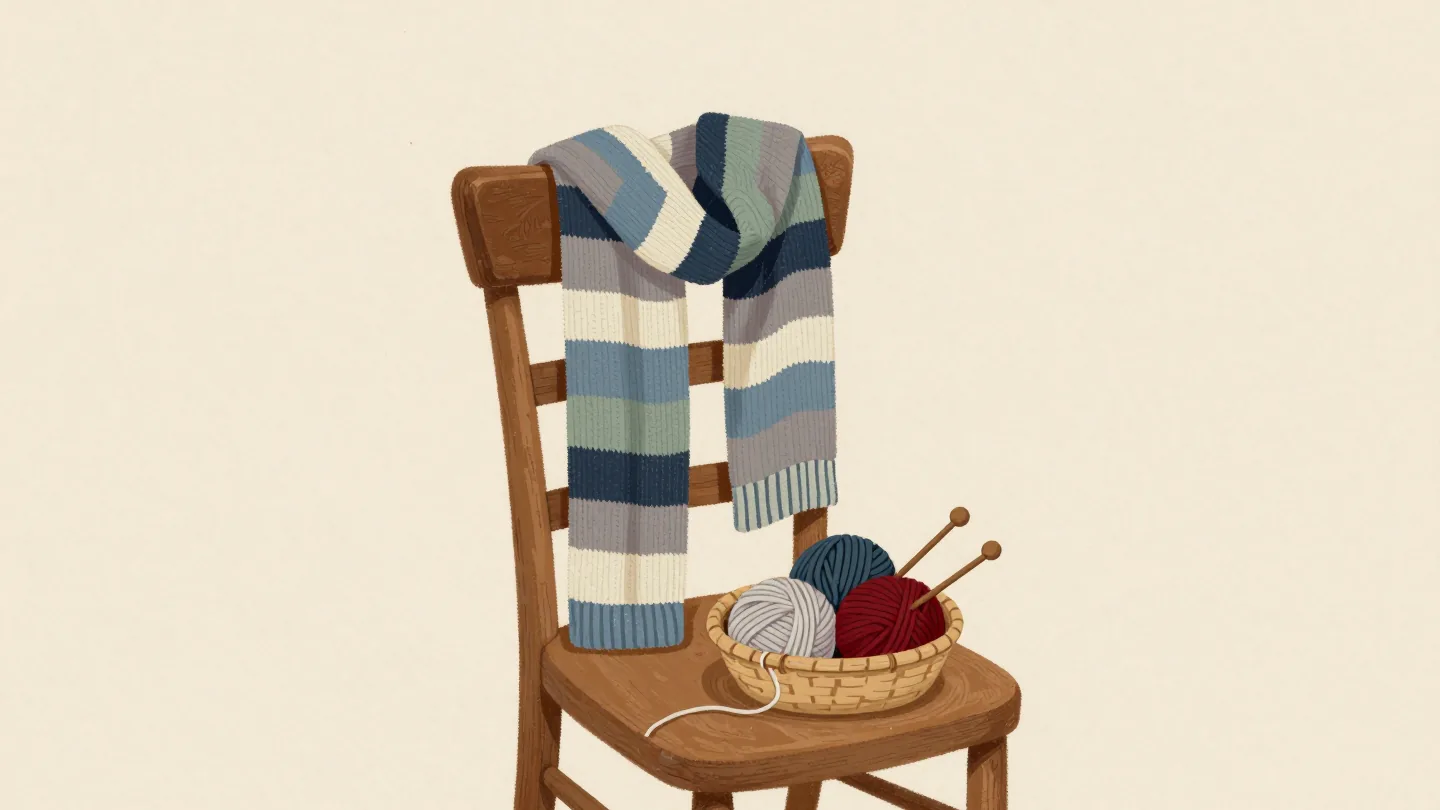 A striped hand-knitted scarf on a chair, no color repeated, with two unused balls of yarn in a basket on the seat.