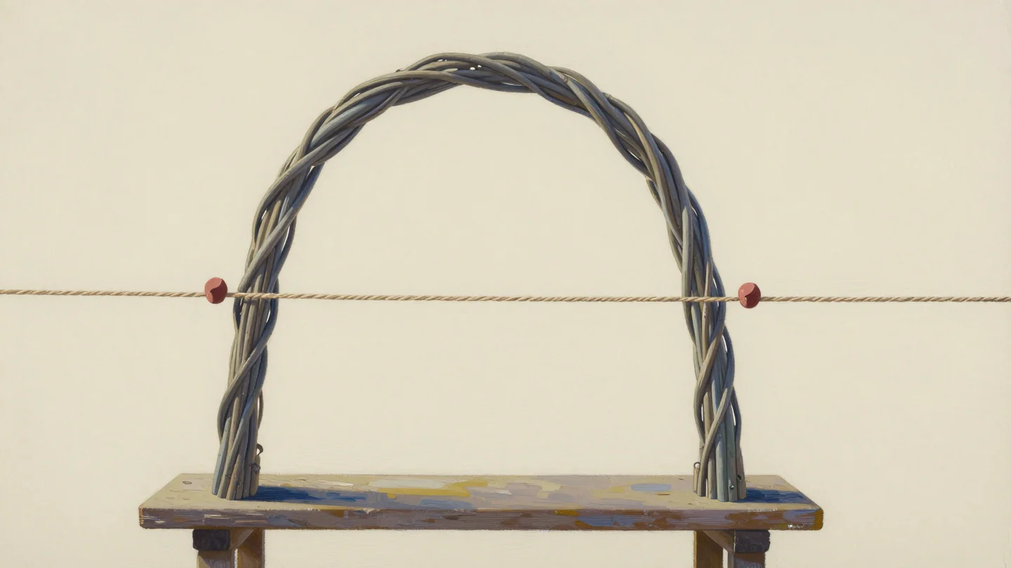 A woven willow arch on a wooden bench with a taut string crossing it at two red-marked points.