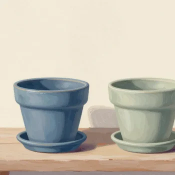 Gouache painting: on a sunny potting bench a blue glazed flower pot sits in its blue saucer and a sage pot in its sage saucer, both pairs matched and set side by side
