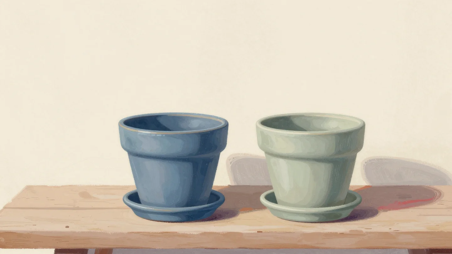Gouache painting: on a sunny potting bench a blue glazed flower pot sits in its blue saucer and a sage pot in its sage saucer, both pairs matched and set side by side