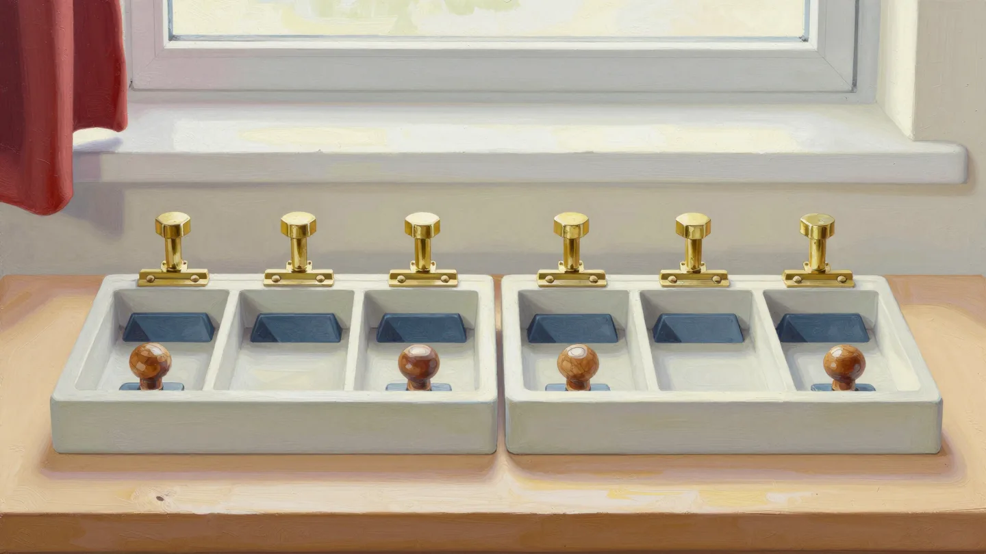 Matching brass fittings, blue wedges and wooden knobs align across two divided trays.