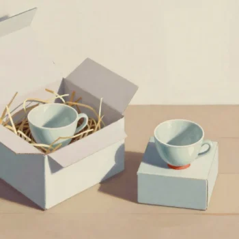 A small teacup lost inside a huge box of packing straw, next to a snug little box holding a matching cup.