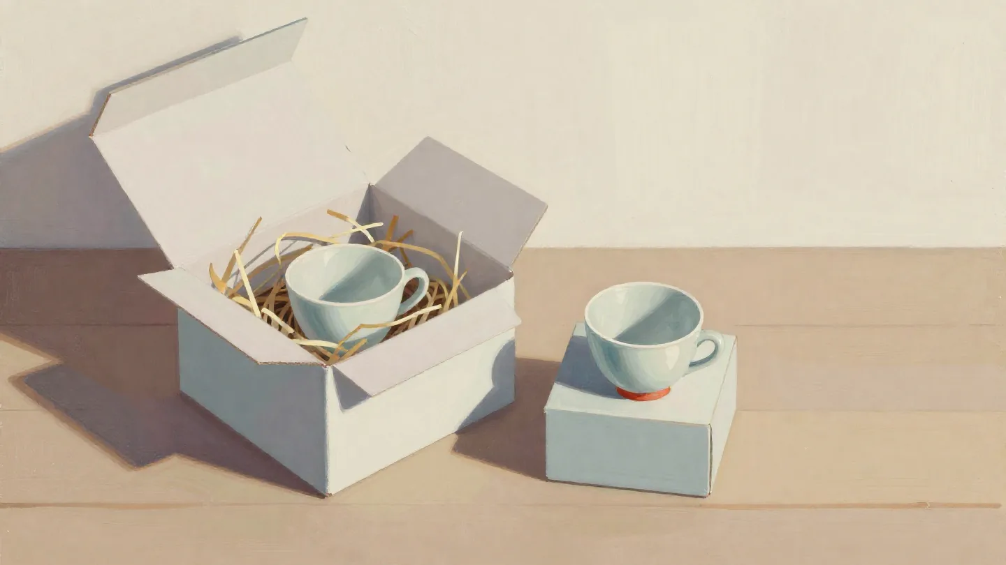 A small teacup lost inside a huge box of packing straw, next to a snug little box holding a matching cup.