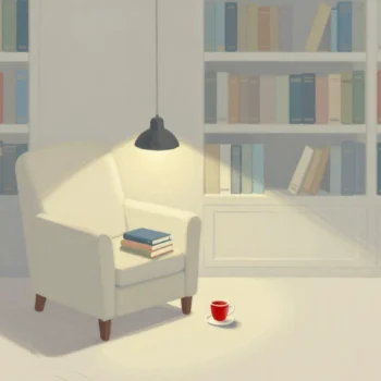 A lamp lighting an armchair with three books at hand, inside a dim room of tall bookshelves.
