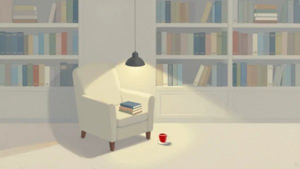 A lamp lighting an armchair with three books at hand, inside a dim room of tall bookshelves.