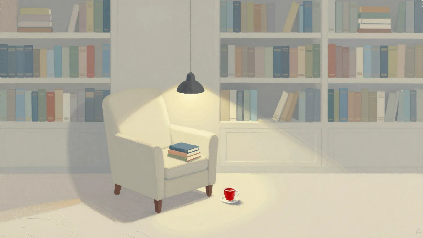 A lamp lighting an armchair with three books at hand, inside a dim room of tall bookshelves.