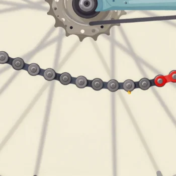 Close view of a bicycle chain on a rear sprocket, links joined by steel pins, one link painted red