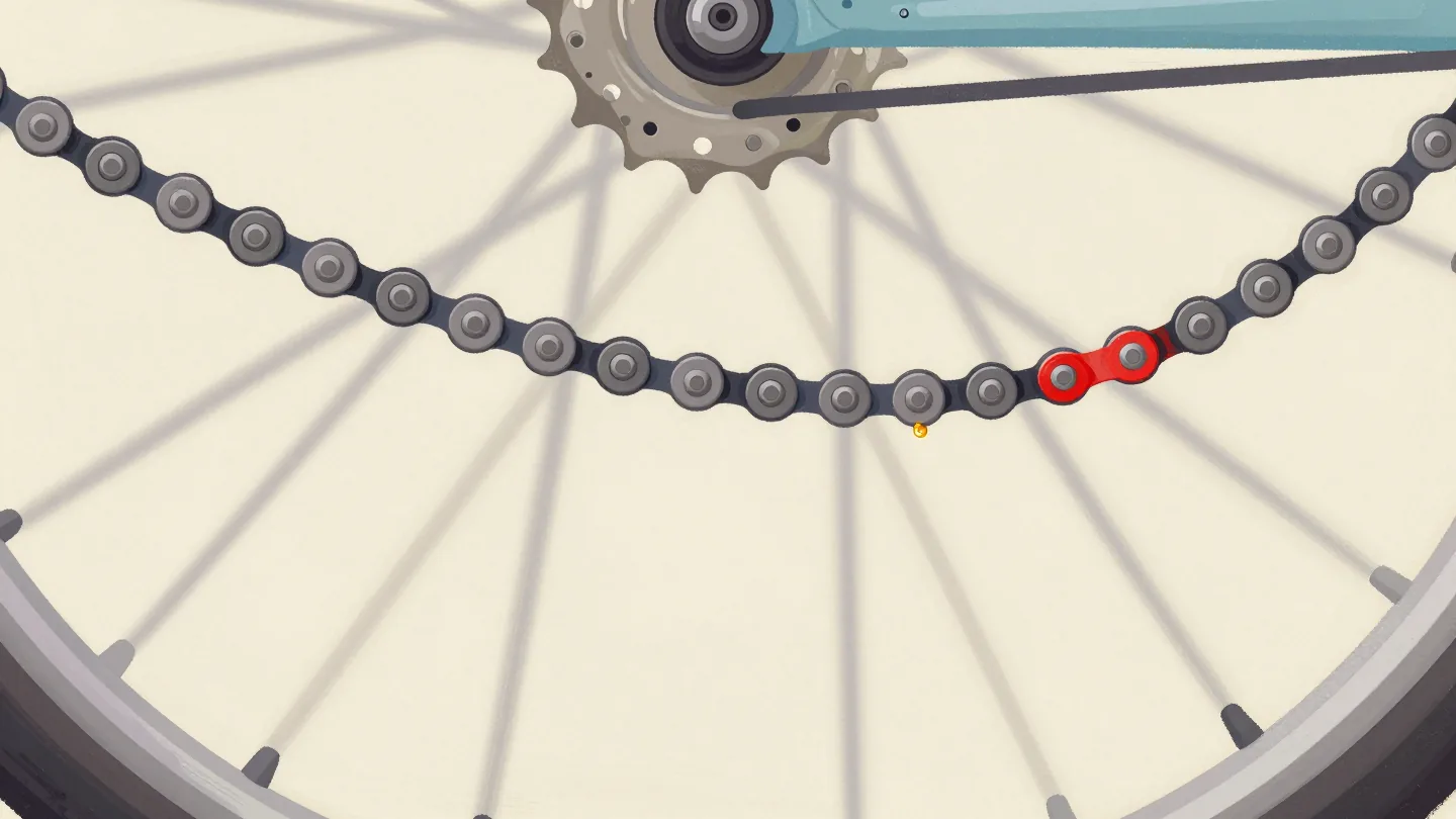 Close view of a bicycle chain on a rear sprocket, links joined by steel pins, one link painted red