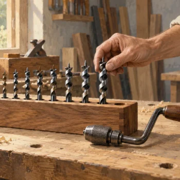 Unmarked auger bits arranged in a wooden stand with one empty hole and a hand checking the tools.
