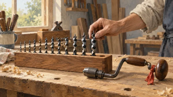 Unmarked auger bits arranged in a wooden stand with one empty hole and a hand checking the tools.