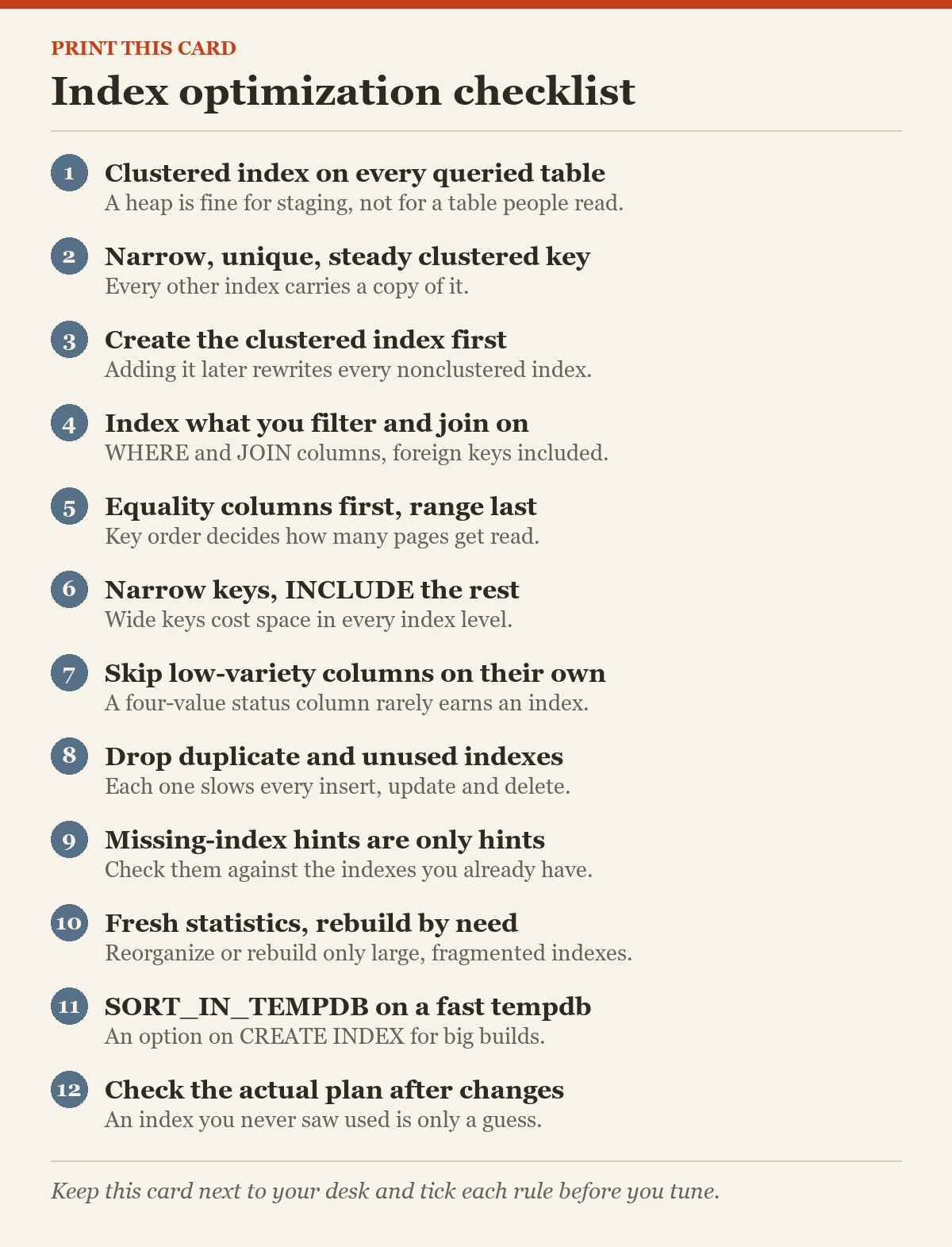 Printable card with the twelve rules of the index optimization checklist
