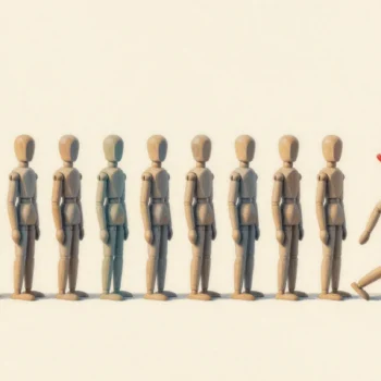 A tidy line of wooden artist mannequins where only the last one has a red bucket stuck on its head