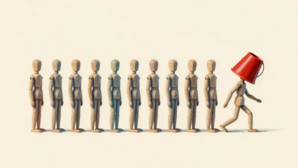 A tidy line of wooden artist mannequins where only the last one has a red bucket stuck on its head