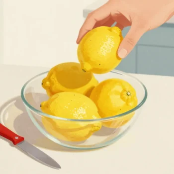 A hand lifting a perfect-looking wax lemon from a bowl of real lemons on a kitchen table.