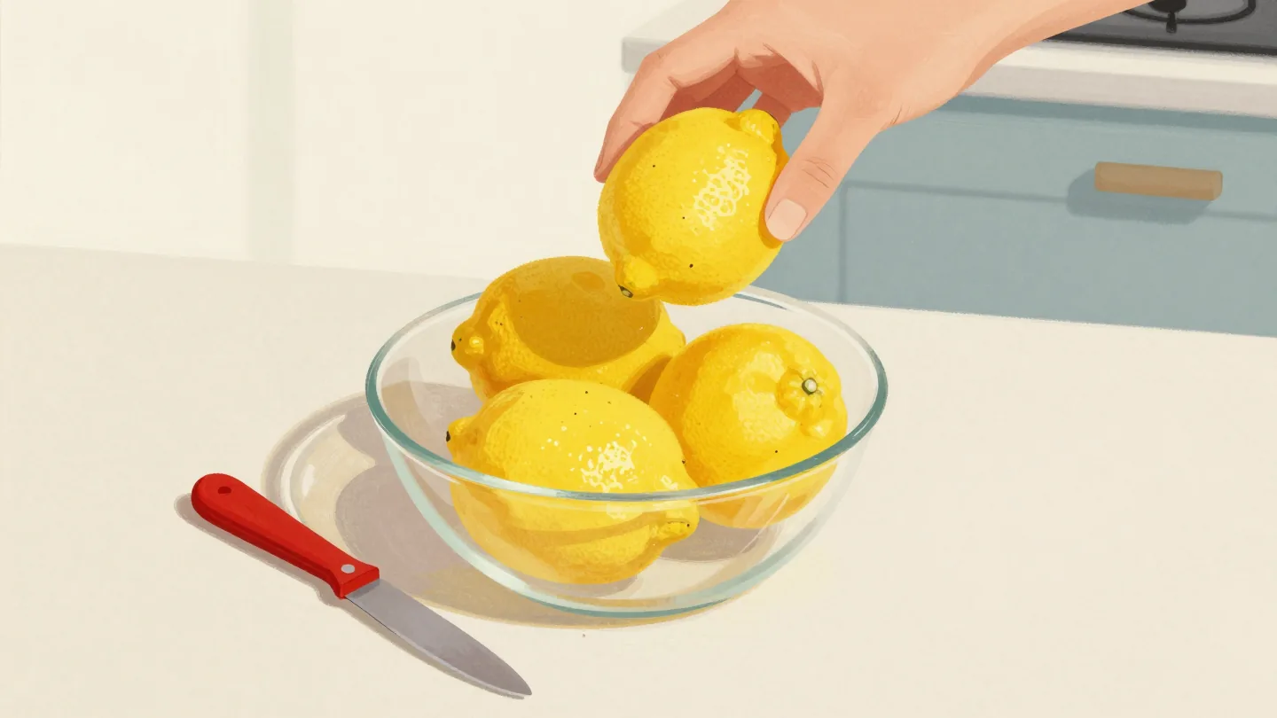 A hand lifting a perfect-looking wax lemon from a bowl of real lemons on a kitchen table.
