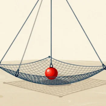 A swinging trapeze in an empty circus tent above a safety net holding one red ball