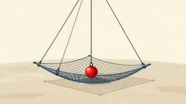A swinging trapeze in an empty circus tent above a safety net holding one red ball