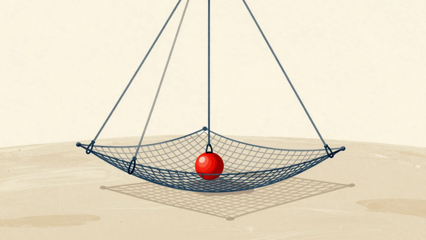 A swinging trapeze in an empty circus tent above a safety net holding one red ball