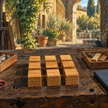 Nine wooden cubes in a square arrangement on a workshop bench beside two trays and a closed book.