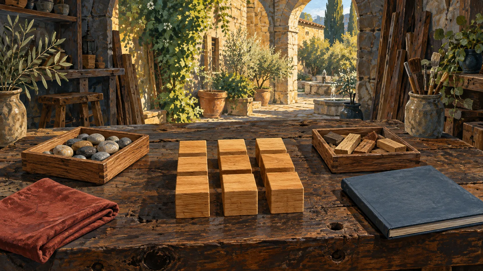 Nine wooden cubes in a square arrangement on a workshop bench beside two trays and a closed book.