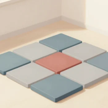 Gouache painting: in a gym corner, nine crisp foam tiles lock together into a perfect square