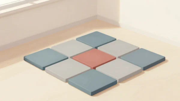 Gouache painting: in a gym corner, nine crisp foam tiles lock together into a perfect square