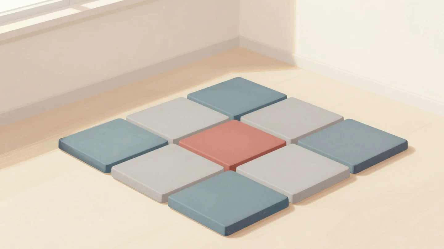 Gouache painting: in a gym corner, nine crisp foam tiles lock together into a perfect square