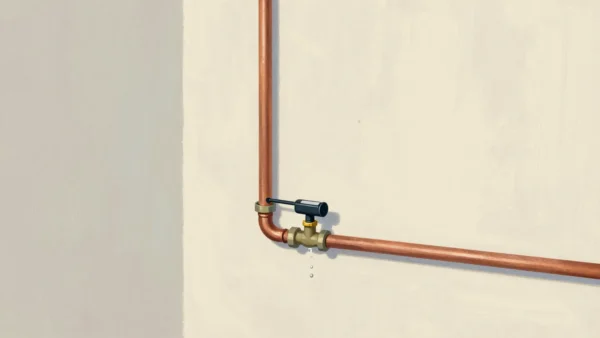 A plumber pressure-tests a new copper pipe with a hand pump as a single bead of water forms at one joint.