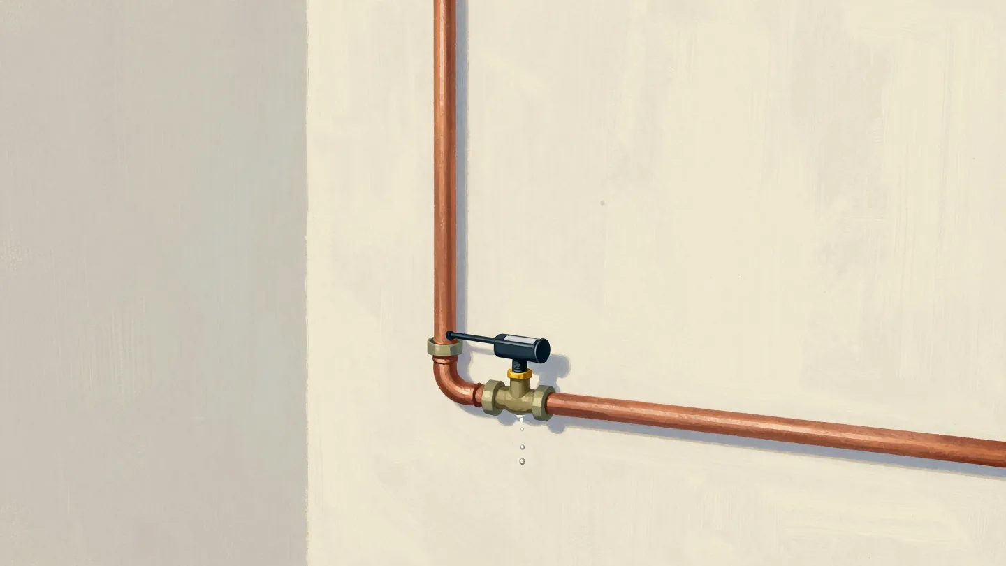 A plumber pressure-tests a new copper pipe with a hand pump as a single bead of water forms at one joint.