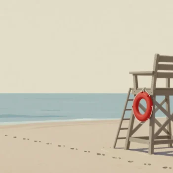 An empty wooden lifeguard chair on a quiet beach at morning, a red rescue float hanging from its side.