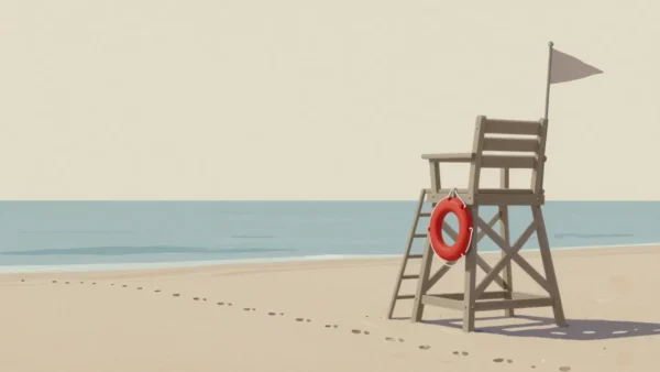 An empty wooden lifeguard chair on a quiet beach at morning, a red rescue float hanging from its side.