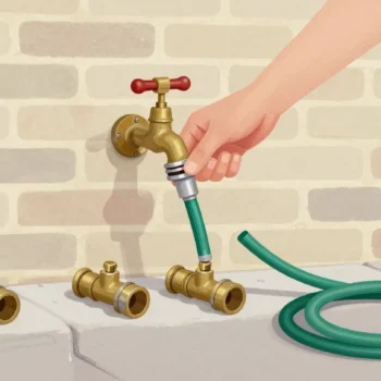 A hand fitting the matching hose connector to a brass garden tap, three other connectors on the ledge below