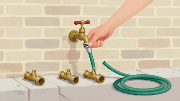 A hand fitting the matching hose connector to a brass garden tap, three other connectors on the ledge below