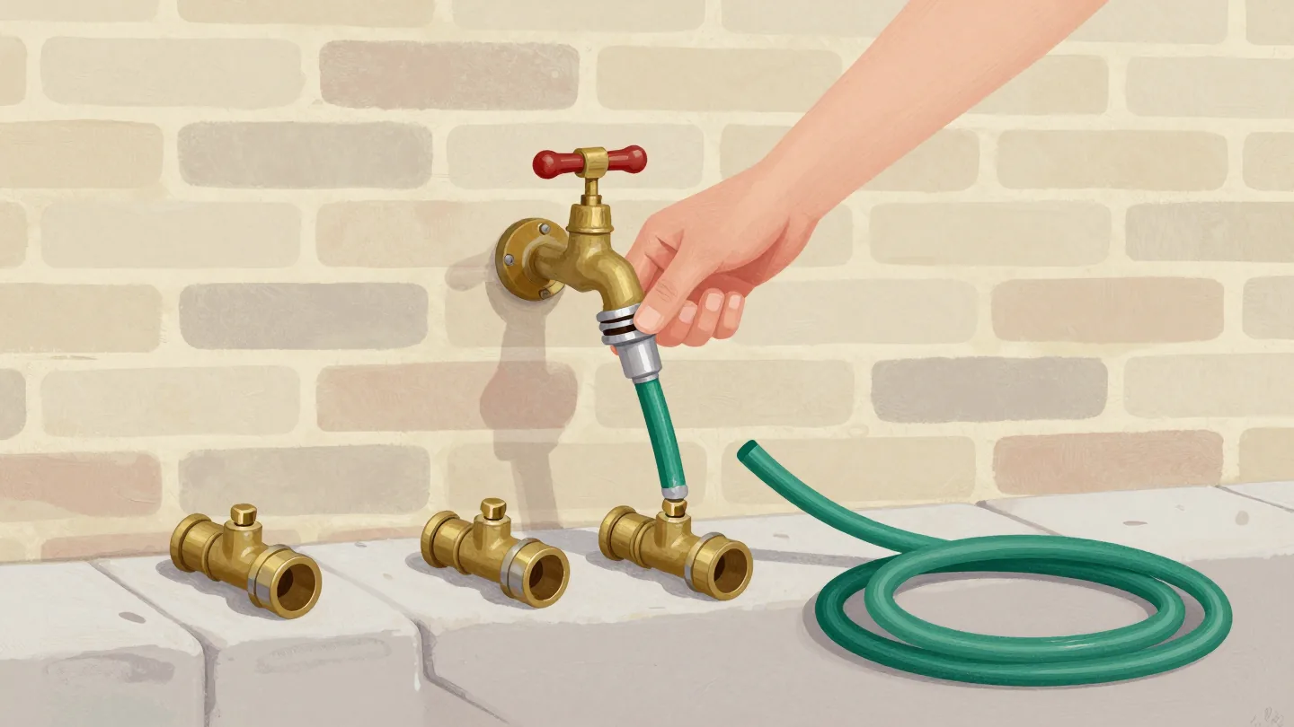 A hand fitting the matching hose connector to a brass garden tap, three other connectors on the ledge below