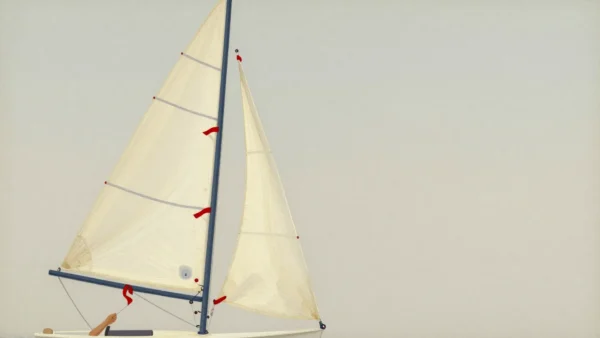 Three red ribbons on a sail, two streaming smoothly and one fluttering upward, a hand ready on the rope.
