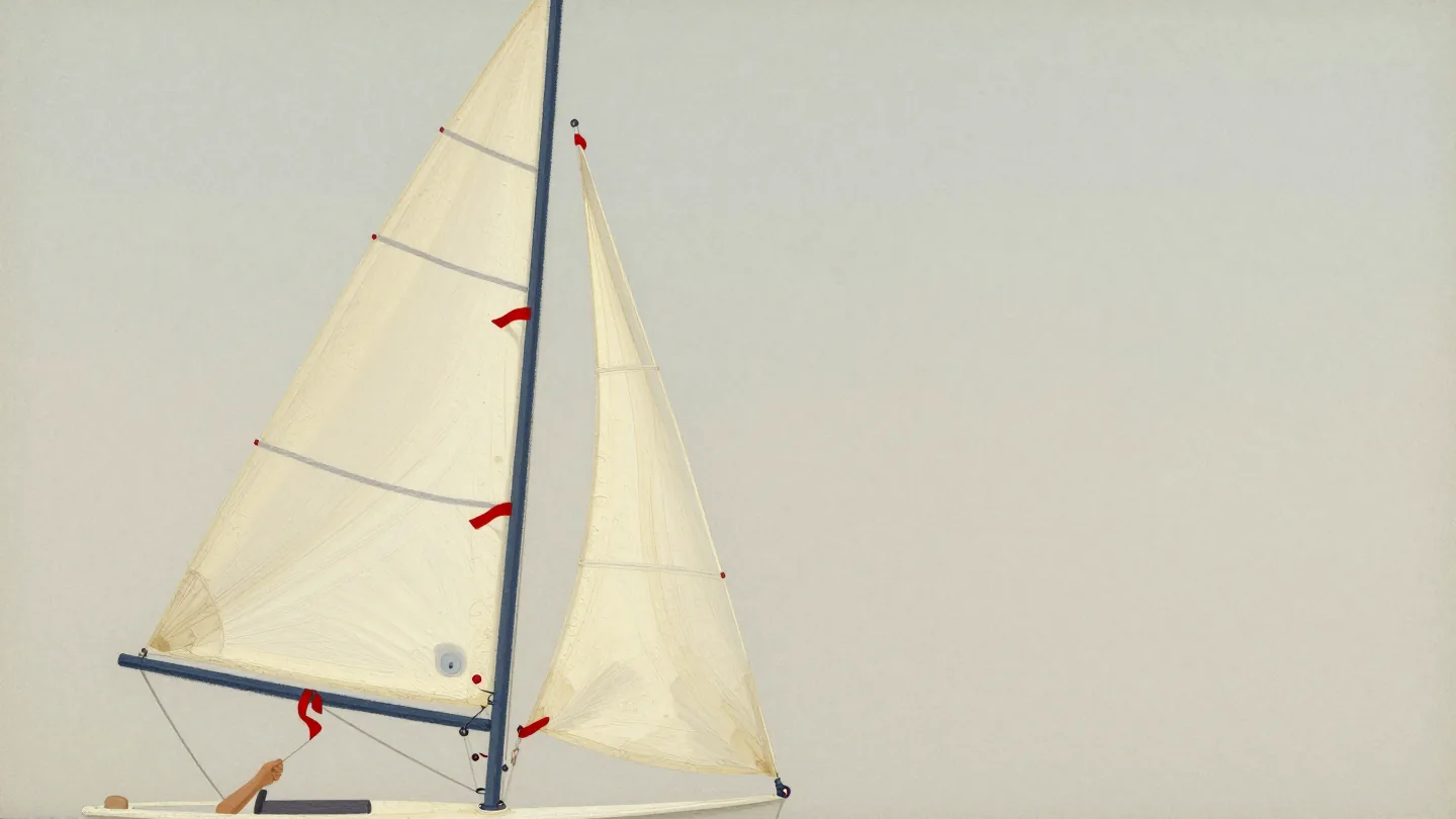 Three red ribbons on a sail, two streaming smoothly and one fluttering upward, a hand ready on the rope.