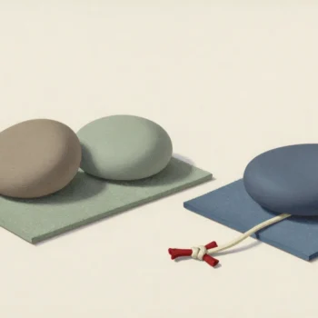 Two rounded stones rest on a sage-green mat, while a dark blue stone rests on a separate slate-blue mat beside a knotted cord.