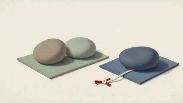 Two rounded stones rest on a sage-green mat, while a dark blue stone rests on a separate slate-blue mat beside a knotted cord.