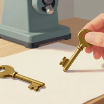 A hand holds a brass key up to the light beside two nearly identical keys on a wooden workbench.