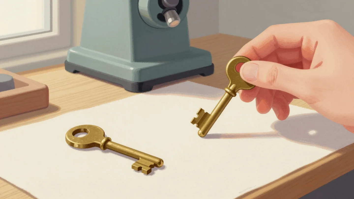 A hand holds a brass key up to the light beside two nearly identical keys on a wooden workbench.