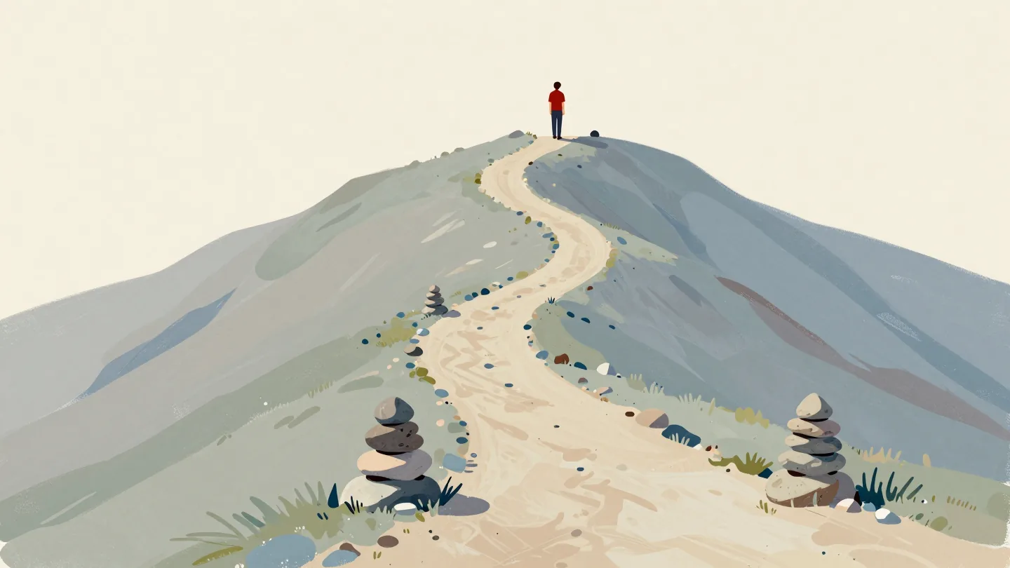 A walker seen from behind at a mountain trail fork, three paths marked by stacked stone cairns