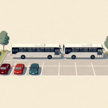 A long coach filling six parking bays while small cars wait at the entrance