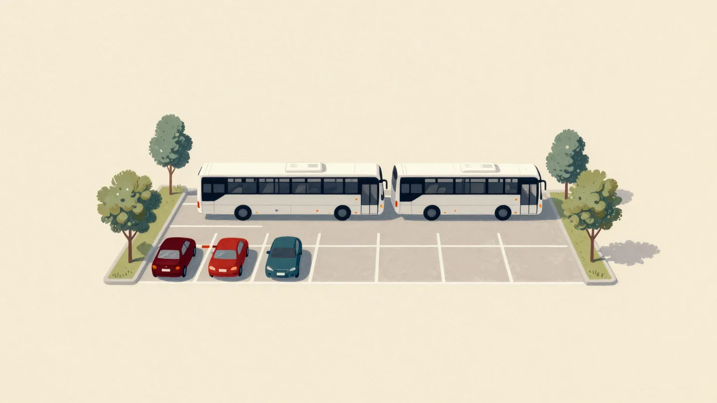 A long coach filling six parking bays while small cars wait at the entrance