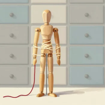 A wooden mannequin tangled in yarn standing proudly in front of perfectly tidy drawers