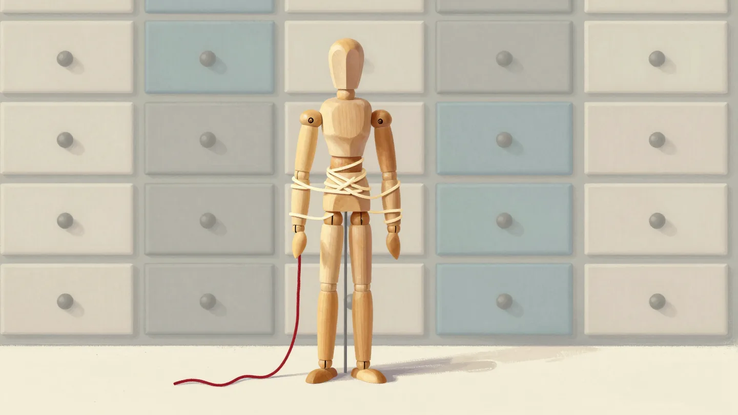 A wooden mannequin tangled in yarn standing proudly in front of perfectly tidy drawers