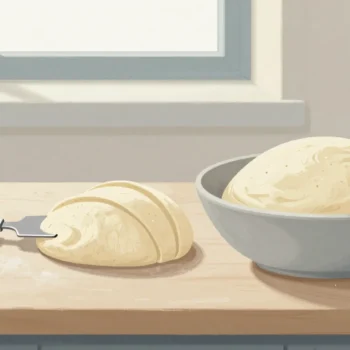 Gouache painting: on a bakery bench a narrow stoneware crock holds risen dough that has been sliced flat at its rim by a bench scraper