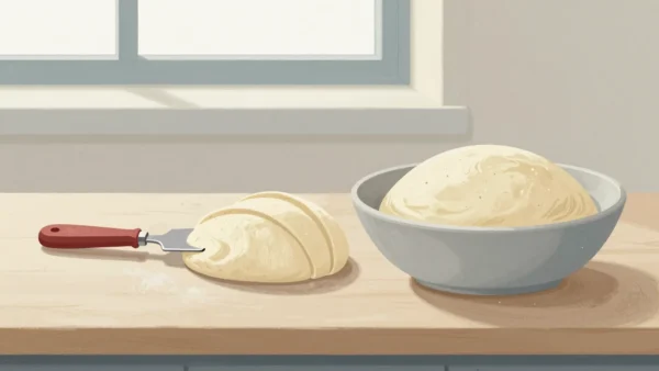 Gouache painting: on a bakery bench a narrow stoneware crock holds risen dough that has been sliced flat at its rim by a bench scraper